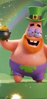 Cartoon leprechaun character with pot of gold and rainbow.