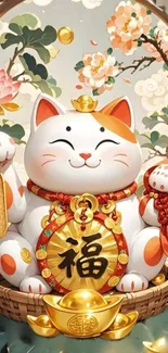 Lucky cat with floral background on mobile wallpaper.