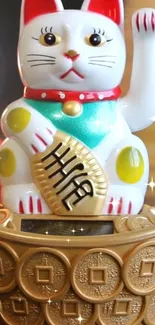 Lucky cat figurine with gold coins, sparkling effect.