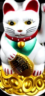 Lucky Cat figurine on golden base with vibrant colors.