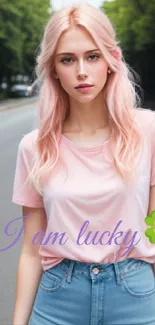 Stylish pink-themed wallpaper with 'I am lucky' text.