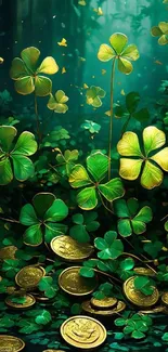 Mystical clovers and golden coins in a lush green forest.