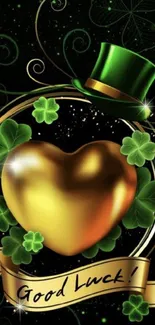 Golden heart and clovers with green hat wallpaper for good luck.