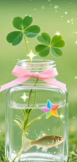 Jar with clover and fish surrounded by serene green glow.