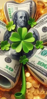 Four-leaf clover with dollar bills and coins background.