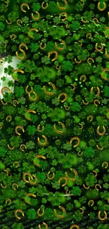 Mobile wallpaper with green clovers and golden horseshoes pattern.