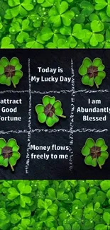 Lucky four-leaf clover wallpaper with inspiring quotes.