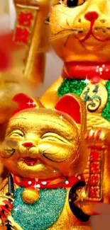 Golden Maneki-neko cat with colorful accents, symbolizing good fortune.