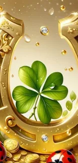 Golden horseshoe with clover and coins art wallpaper