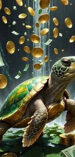 A vibrant wallpaper of a turtle with coins and cash