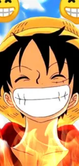 Smiling Luffy with fiery background, anime wallpaper.