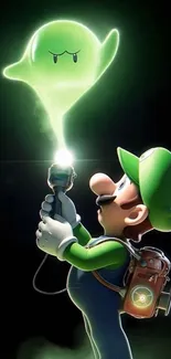 Luigi facing a glowing green ghost.
