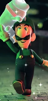 Luigi holds Polterpup at night, sparkling in animation.