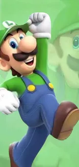 Animated Luigi jumping with a vibrant green background.