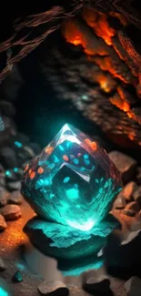 Luminescent crystal glowing in dark cave surrounded by rocks.