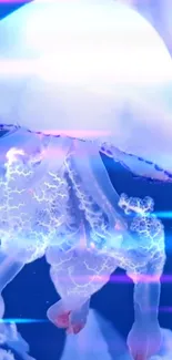 A glowing jellyfish in a blue ocean setting with vibrant luminescent effects.