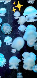 Glowing blue jellyfish float in a dark underwater scene, creating a magical ambiance.