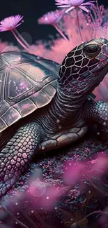 Turtle amid glowing pink flowers in a surreal art style wallpaper.