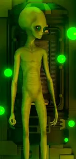 Green alien in spaceship with glowing lights.