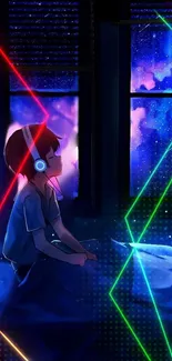 Anime night scene with neon lights and a character listening to music.