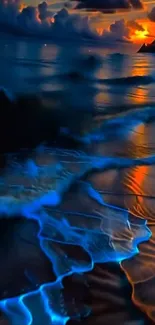 Bioluminescent waves illuminate a serene beach at sunset.
