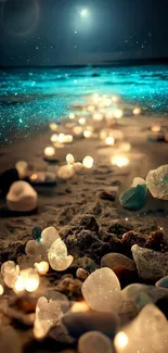 Glowing stones on a moonlit beach with a turquoise ocean backdrop.