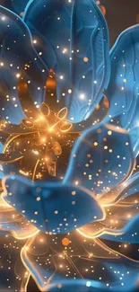 Luminous blue flower with glowing petals and light particles.