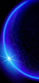 Luminous blue planet with neon glow on dark background wallpaper.