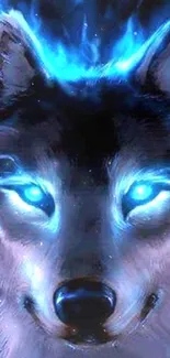 Fantasy wolf with glowing blue eyes and flames on a dark background.