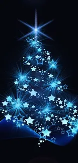 Vibrant blue Christmas tree with star decorations on a dark background.