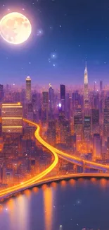 Futuristic cityscape with orange lights and a full moon.