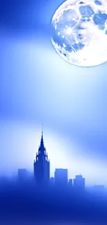 Majestic moonlit city skyline with blue hues and serene atmosphere.