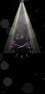 Luminous clock on a starry night sky mobile wallpaper.