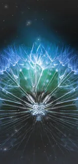 Luminous blue dandelion against a dark background, creating a glowing effect.