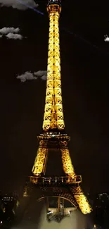 Majestic Eiffel Tower lit up against a dark sky at night.