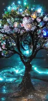 Luminous fantasy tree glowing in darkness with vibrant, colorful lights.