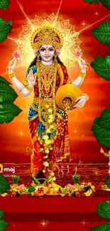 Mobile wallpaper of a goddess with gold aura and green leaves on vibrant red background.