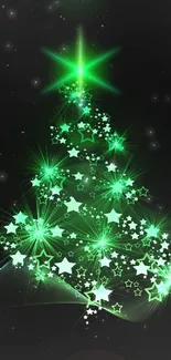 Glowing green Christmas tree with starry lights on a dark background.