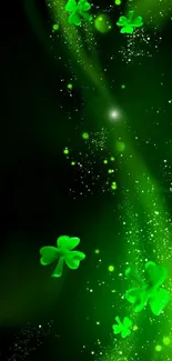 Luminous green shamrocks on dark background wallpaper.