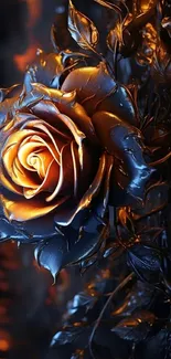 Luminous metallic rose with glowing gold and blue hues on dark background.