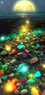 Magical pathway of glowing gems under a full moon, radiant with colors and light.