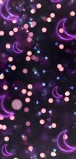 Moonlit wallpaper with crescent moons and stars on a dark purple background.