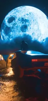 Car under a glowing full moon with foggy night sky.