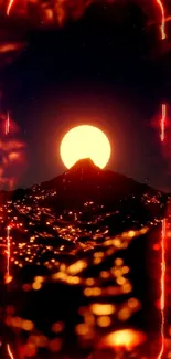 Mountain silhouette with orange sunset glow on a starry night.