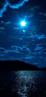 Luminous night sky and lake under a bright moon.