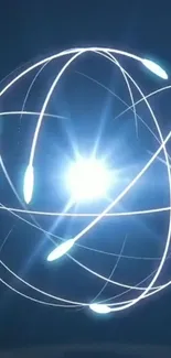 Futuristic glowing orb with dynamic light trails on a dark blue background.