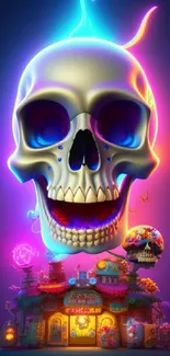 Neon skull floating above a colorful, whimsical house with vibrant energy.