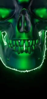 Neon skull with glowing green highlights on dark background.