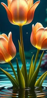 Luminous tulips in a fantasy-themed art design with water reflection.