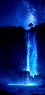 Night waterfall under a starry sky, illuminating the serene landscape.